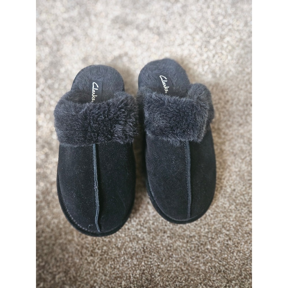 Clarks Black Faux Fur Suede Slip-On Slippers